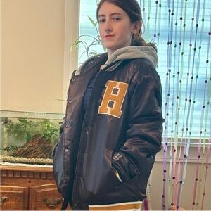 Hot Topic Brown Harry Potter Hufflepuff Varsity Jacket with Gold H Patch